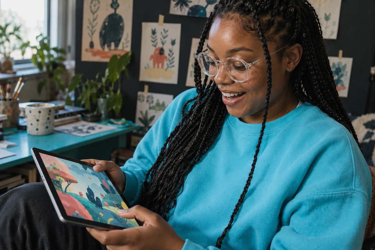 A creator trying her illustrated Mini App on a tablet